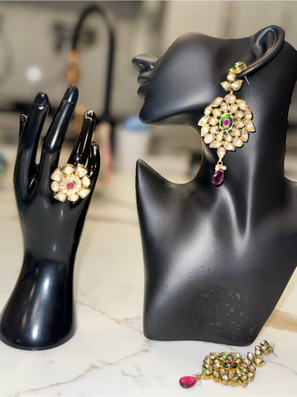 Elegant Gold-Tone Kundan Floral Drop Earrings with Ruby Accents